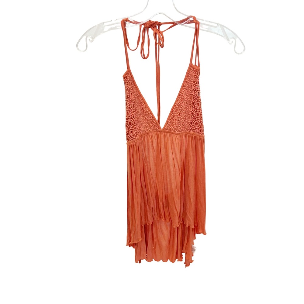 Lost Orange Crochet Lace Halter Top Boho Y2K Handkerchief Hem - Size Medium